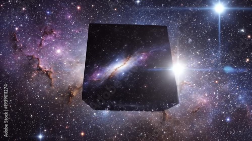 A galaxy appears within a dark cube floating against a starry nebula