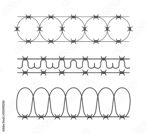 Three distinct styles of barbed wire fence patterns border