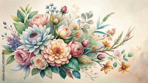 A Luxurious Watercolor Painting of a Vibrant Floral Arrangement Featuring Delicate Roses, Dahlias, and Other Exquisite Blooms in a Soft Pastel Palette