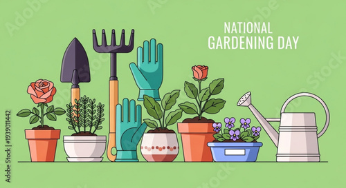 National gardening day illustration with potted plants gardening tools and watering can on green background