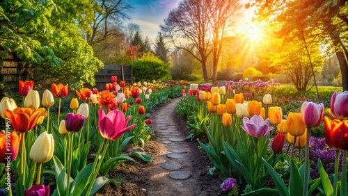 Wallpaper Mural A sunlit garden path meanders through vibrant rows of colorful tulips, bathed in the warm glow of the setting sun, creating a picturesque springtime scene. Torontodigital.ca