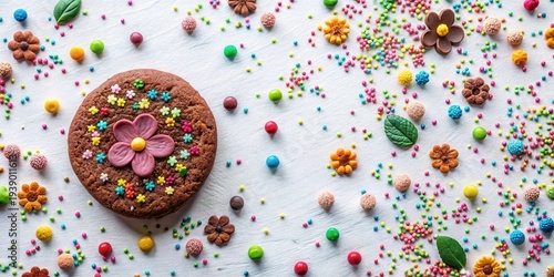 Wallpaper Mural A delightful chocolate cookie adorned with vibrant sugar flowers and encircled by a scattering of colorful sprinkles and candy Torontodigital.ca