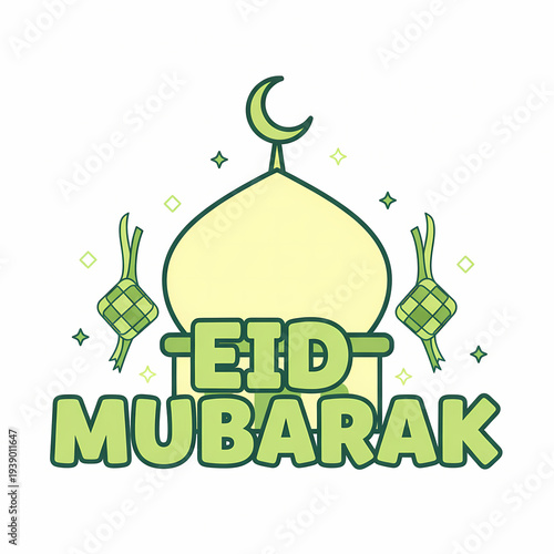 Eid Mubarak Islamic Festival Greeting with Mosque and Ketupat