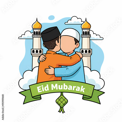 Eid Mubarak Cartoon Brothers Hugging Illustration with Mosque and Ketupat
