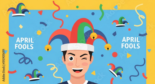 Man wearing colorful jester hat with confetti and april fools text on blue background