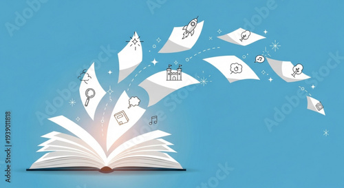 Open book with flying pages and icons symbolizing knowledge and learning on a blue background
