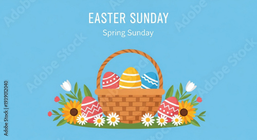 Easter sunday spring celebration with decorated eggs and flowers in basket