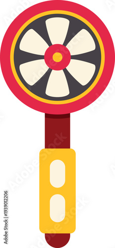 Brightly designed handheld pinwheel toy featuring a red frame and yellow handle on white background