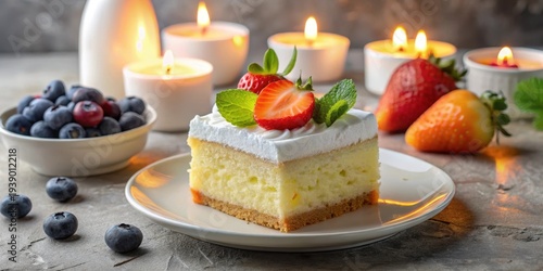 Wallpaper Mural A delightful slice of creamy vanilla cake, adorned with fresh strawberries and mint, rests on a plate, illuminated by the warm glow of candlelight, creating a serene and inviting ambiance. Torontodigital.ca