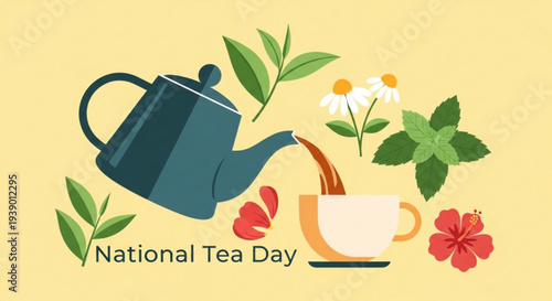 National tea day illustration with teapot pouring tea into cup surrounded by herbs and flowers on yellow background