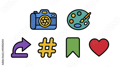 Creative Tools And Reaction Symbols With Camera Palette Bookmark And Heart