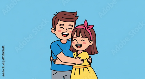 Happy brother and sister hugging smiling children in casual clothes on blue background family love and friendship concept