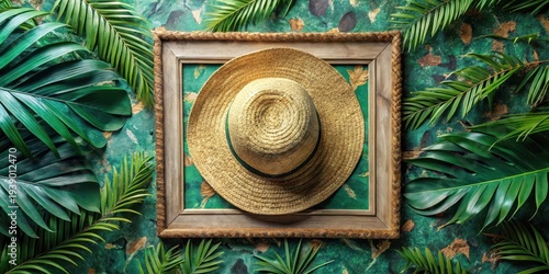 Wallpaper Mural Summer straw hat in a rustic frame surrounded by lush tropical foliage Torontodigital.ca