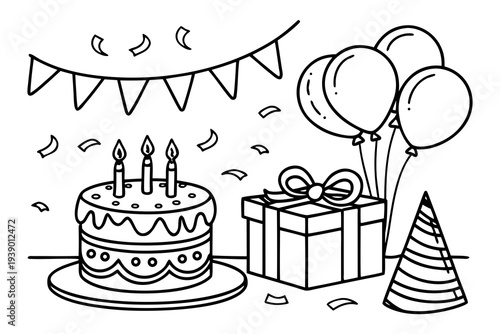 Birthday Party Coloring Page for Kids - Cake, Balloons, Gifts, Confetti Line Art