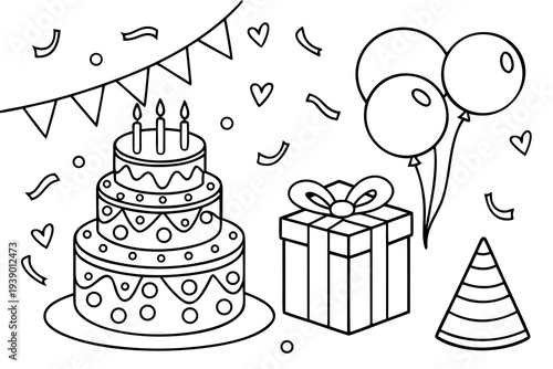 Birthday Party Coloring Page for Kids - Cake, Balloons, Gifts, Confetti Line Art