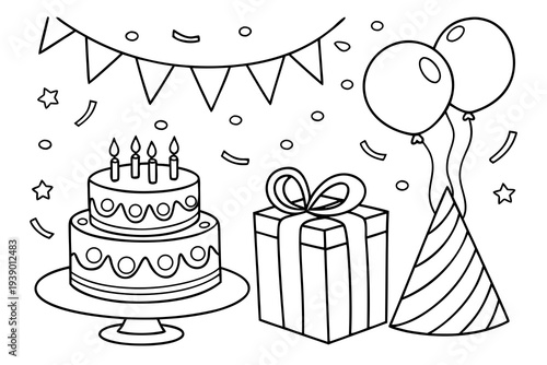 Birthday Party Coloring Page for Kids - Cake, Balloons, Gifts, Confetti Line Art