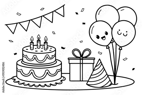 Birthday Party Coloring Page for Kids - Cake, Balloons, Gifts, Confetti Line Art