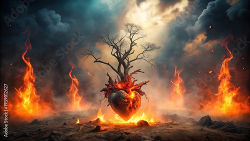 Wallpaper Mural A fiery heart, consumed by flames, sustains a barren tree amidst a desolate, smoke-filled landscape. Torontodigital.ca