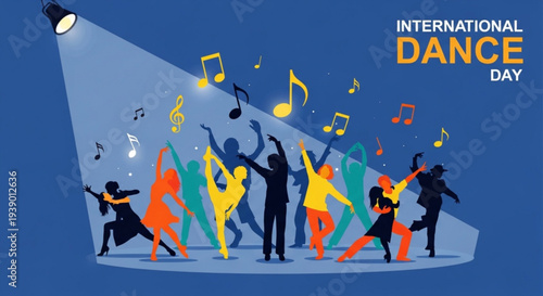 People dancing on stage with spotlight and music notes for international dance day celebration