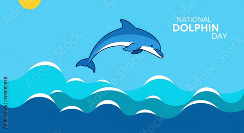 Dolphin jumping out of ocean waves on national dolphin day with sunny blue background