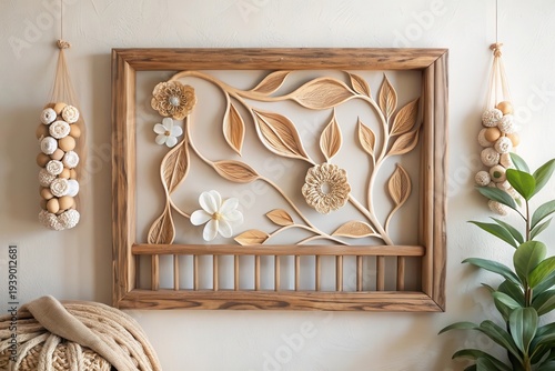 Wallpaper Mural Intricate Wooden Floral Wall Art with Delicate Hanging Ornaments and Lush Greenery Torontodigital.ca