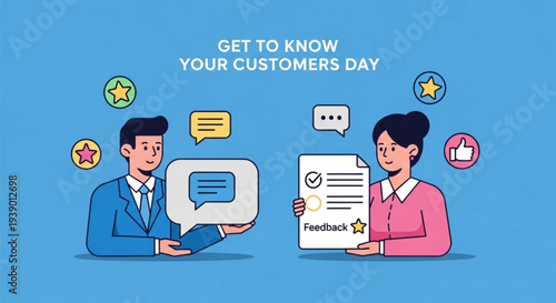 Businesspeople exchanging customer feedback on get to know your customers day with speech bubbles and rating symbols