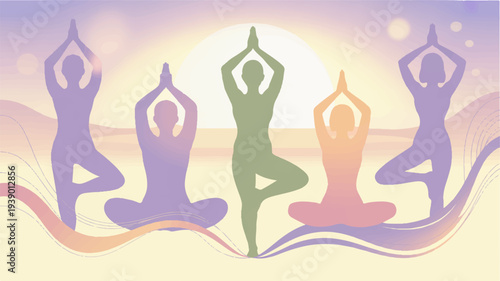 Four yoga practitioners in various poses at sunrise or sunset with mountain range in background