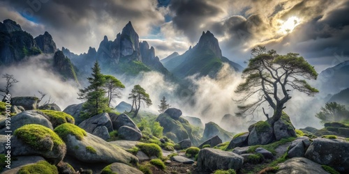 Wallpaper Mural Serene Mountain Vista Majestic Peaks Enveloped in Misty Dawn, Solitary Trees Adorn Rocky Outcroppings Torontodigital.ca