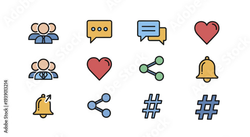 Bright Social Interaction Elements With Messaging And Reaction Indicators