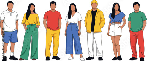 Diverse group of young people in casual summer outfits, colorful fashion illustration with men and women in trendy clothes, vector art