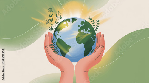 Earth in hands with leaves and sun rays symbolizing eco friendly care and global sustainability