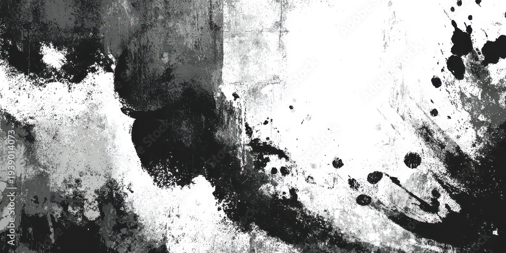 Obraz premium abstract monochrome city skyline silhouette gothic spires ink splatter grunge texture haunting misty foreground