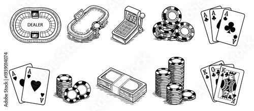 Hand Drawn Black and White Poker Elements Set with Playing Cards, Casino Chips, Dealer Button and Poker Table – Monochrome Gambling Concept Illustration for Casino Design, Game Posters and Betting Gra