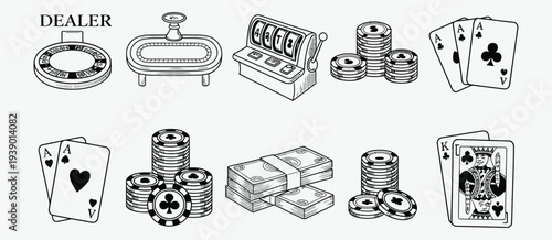 Hand Drawn Black and White Poker Elements Set with Playing Cards, Casino Chips, Dealer Button and Poker Table – Monochrome Gambling Concept Illustration for Casino Design, Game Posters and Betting Gra