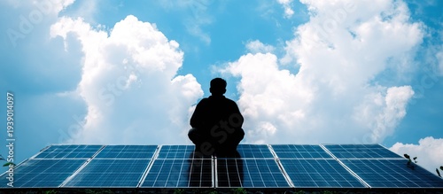 Silhouette of a person meditating on solar panels under a cloudy sky.