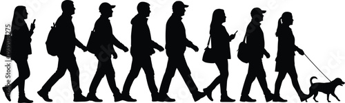 Diverse urban crowd walking side profile, men women with bags backpacks dog leash, everyday city life silhouettes, black vector illustration group