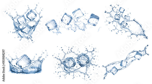 Foto collection of energetic water splashes with ice cubes, captured mid-action against a transparent background for versatile design use, 3d render