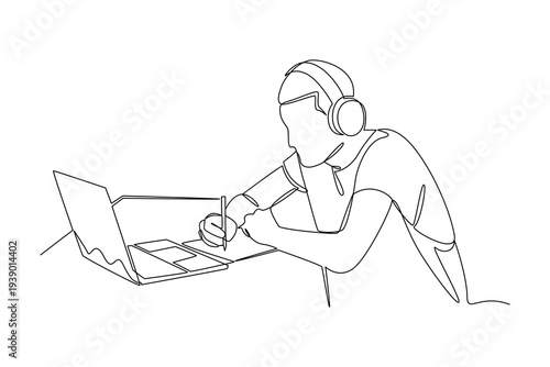 Student Studying With Headphones. Online course learning scene Concept. Single line draw design Video 4k. Footage graphic illustration