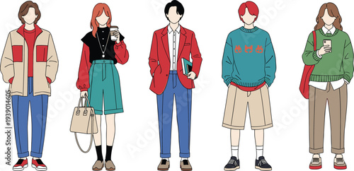 Diverse young adults group in colorful casual jackets blazers sweaters shorts pants standing together flat vector illustration trendy fashion isolated on white