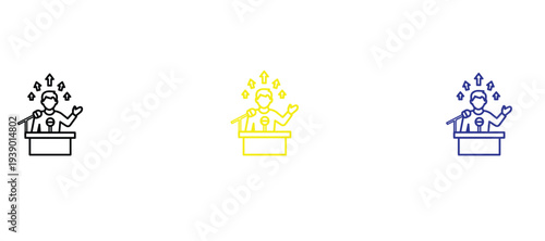  Public Speaking and Keynote Presentation Icon Set - Charismatic Speaker at Podium with Microphone - Vector Illustration for Conference, Seminar, Political Speech, and Business Communication