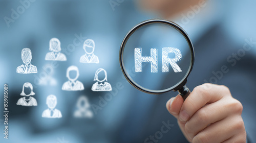 human resource technology process highlighted through magnifier over manager icon and staff icons symbolizing hiring leadership employee development and workforce management strategy