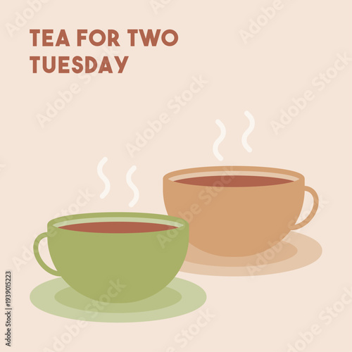 Tea for Two Tuesday celebration in March. Flat design concept for friendship, afternoon tea time, and social gatherings.