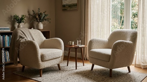 Cozy Living Room with Plush Armchairs and Natural Light. Two empty comfortable boucle armchairs facing each other, soft shadows, concept of therapy and empathy.