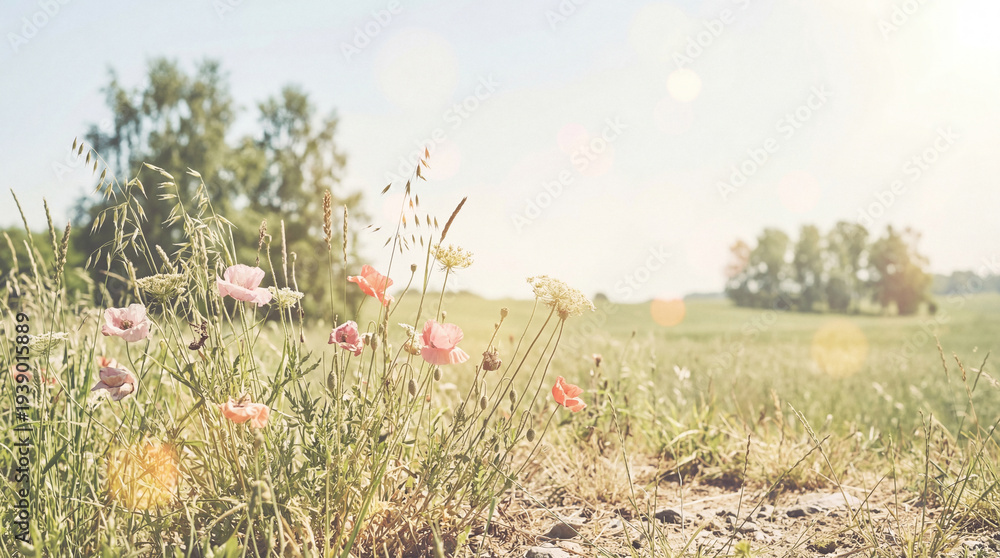 Fototapeta premium Serene photograph of delicate pink wildflowers and sun-kissed grasses in a bright summer meadow with glowing bokeh.