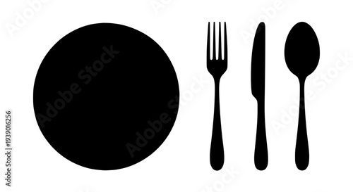 Plate and cutlery set with fork, knife, and spoon silhouettes featuring black, dinner, table with setting and utensils