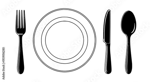 Dinnerware set with fork, plate, knife, and spoon in minimalist design featuring table setting, utensils, cutlery with