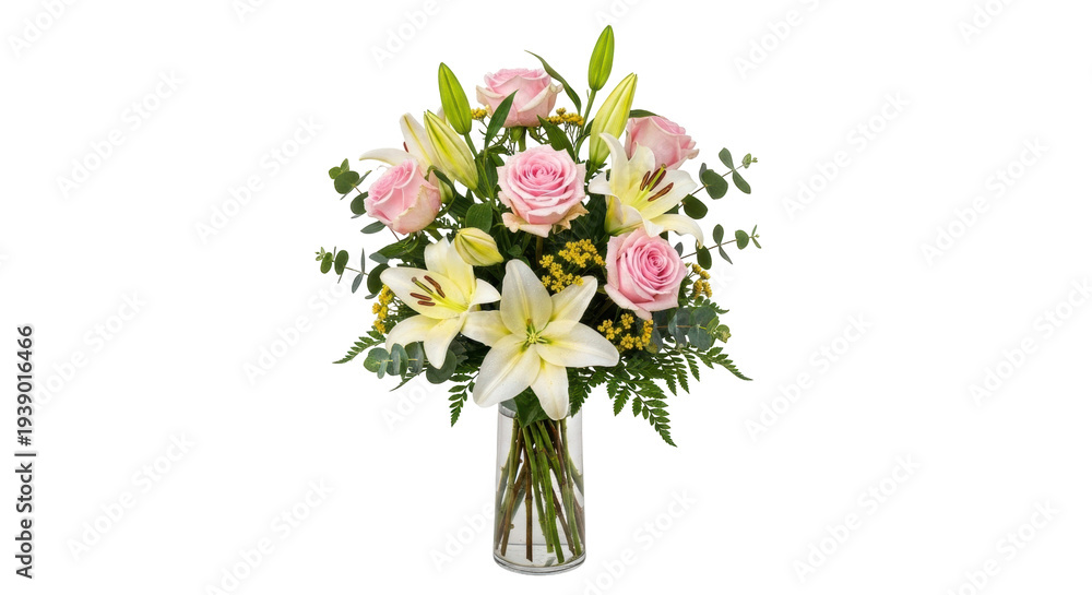 Obraz premium Isolated floral centerpiece displaying pink roses and white lilies arranged in a glass vase
