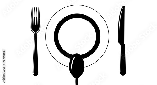 Cutlery set with plate, fork, knife, and spoon icon simple monochrome design featuring tableware, dinnerware, utensils