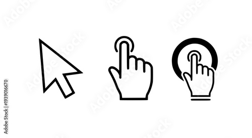 Cursor icons set with mouse pointer and hand gestures featuring click, interaction, ui with ux and navigation elements