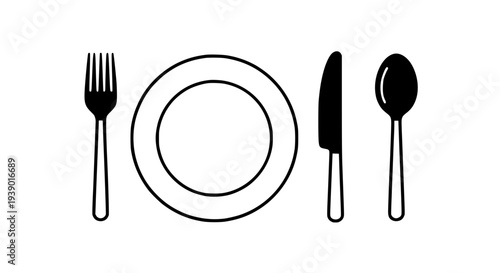 Cutlery set with plate, fork, knife, and spoon in simple black line art featuring dining, table setting, silverware